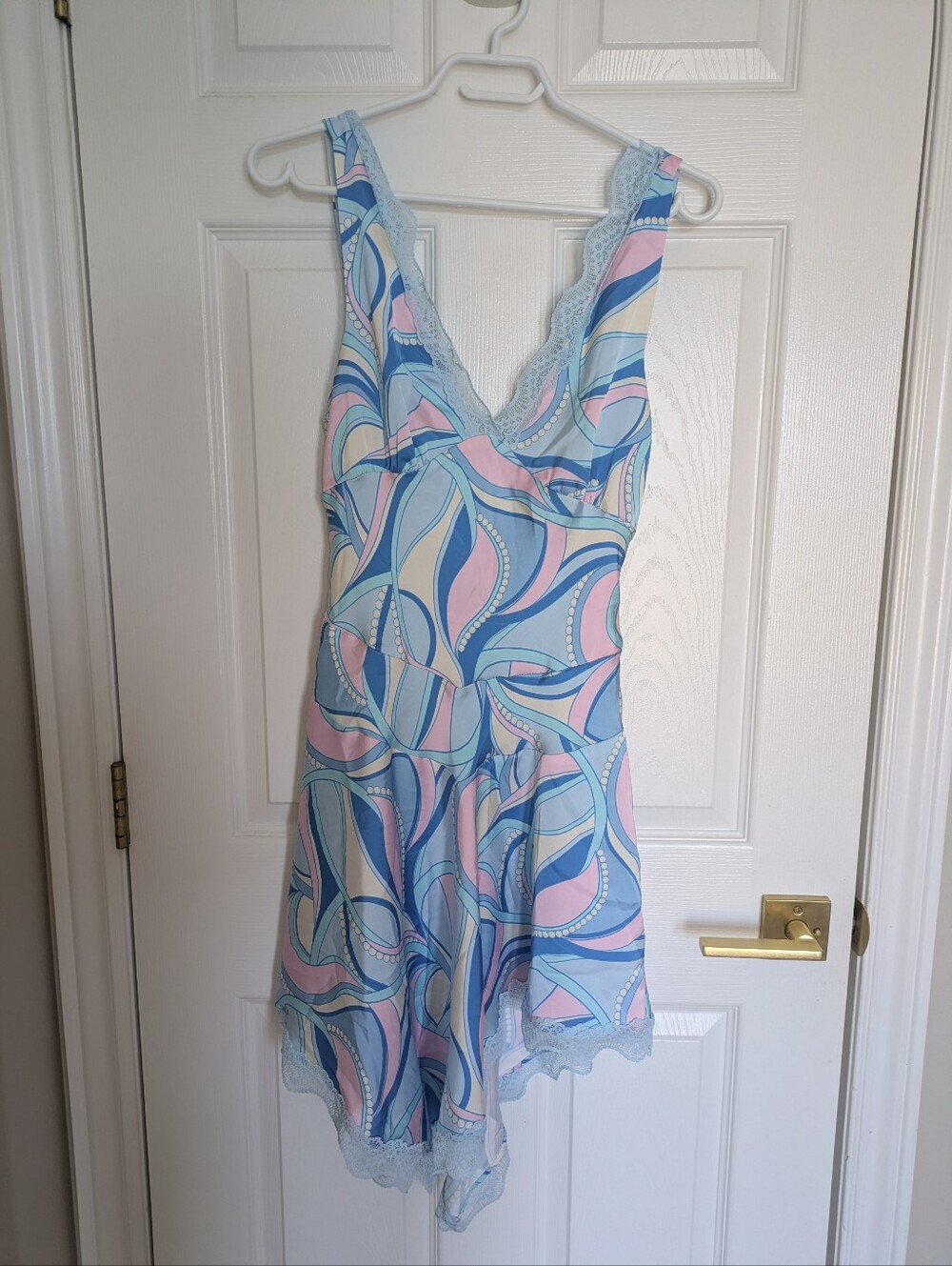 Avec Les Filles Pastel Blue & Pink Printed Lace-Trim Mini Dress